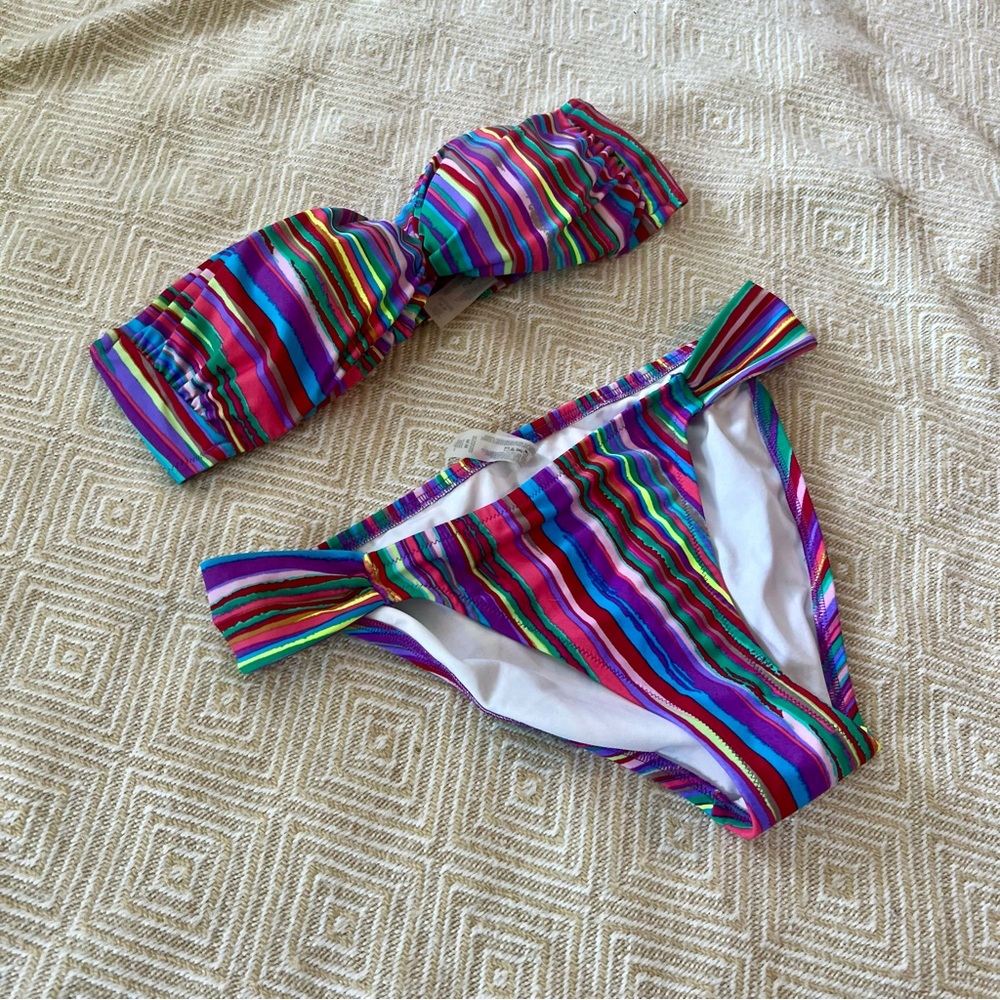 Victorias Secret stripped bandeau swim suit set medium EUC